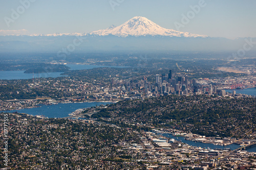 Mt. Rainier overlooking Seattle as taken from an airplane