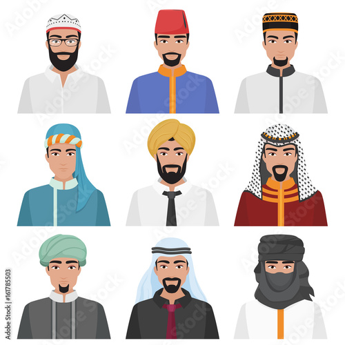 Middle Eastern Men avatar set. Arabian muslim male face collection. Vector illustration.