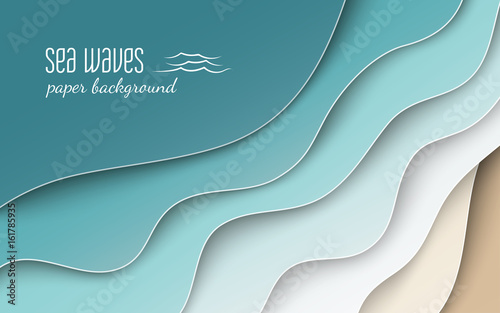 Abstract blue sea and beach summer background with curve paper wave and seacoast, cropped with clipping mask for banner, poster or web site design. Paper cut style, space for text, vector illustration