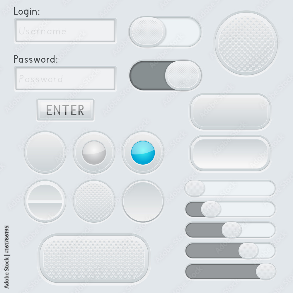 Gray and blue interface elements - entry fields, buttons, slider, toggle switch
