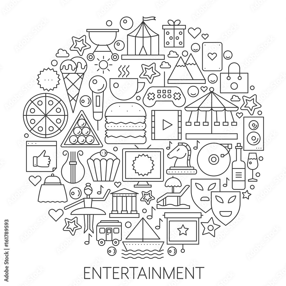 Entertainment infographic icons in circle - concept line vector illustration for cover, emblem, badge. Outline icon set.