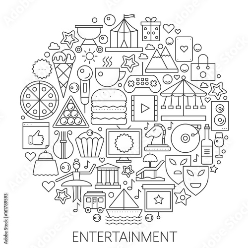 Entertainment infographic icons in circle - concept line vector illustration for cover  emblem  badge. Outline icon set.