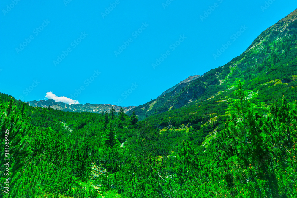 Beautiful view on the high green mountains peaks, on the blue sky background. Mountain hiking paradise landscape, no people.