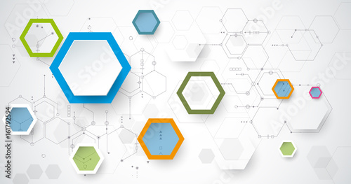 Vector illustration circuit board and 3d paper hexagons background. Hi-tech digital technology and engineering, digital telecom technology concept. Vector abstract futuristic on white color background