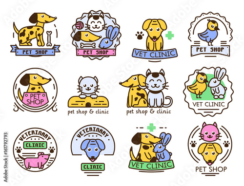 Pet badge vector graphic sticker set domestic insignia cat dog veterinary animal sticker illustration