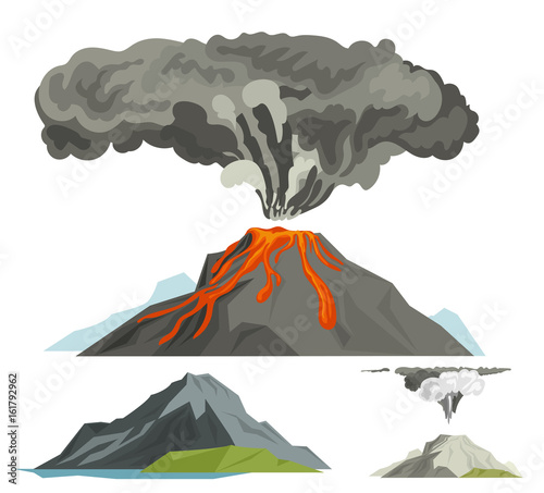 Volcano magma nature blowing up with smoke volcanic eruption lava mountain vector illustration