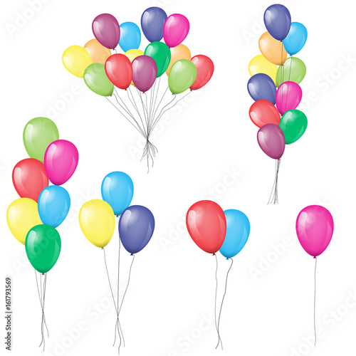 Bunches and groups of colorful helium balloons isolated. Illustrated vector.