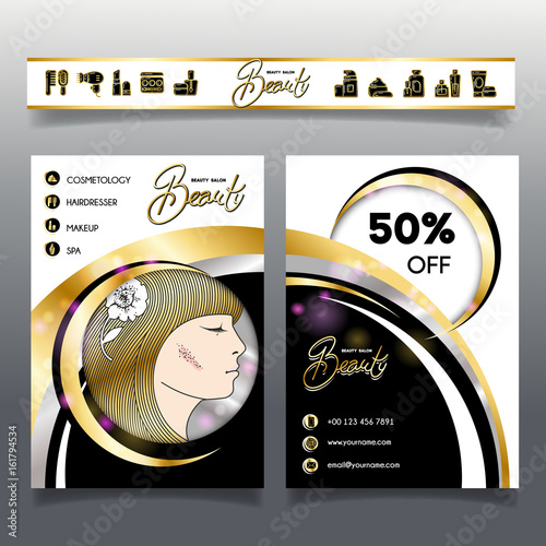 Template business brochure for beauty salon and hairdressing shop. Vector illustration face of girl and cosmetics icons for use on booklets, flyers, business card, discount voucher.