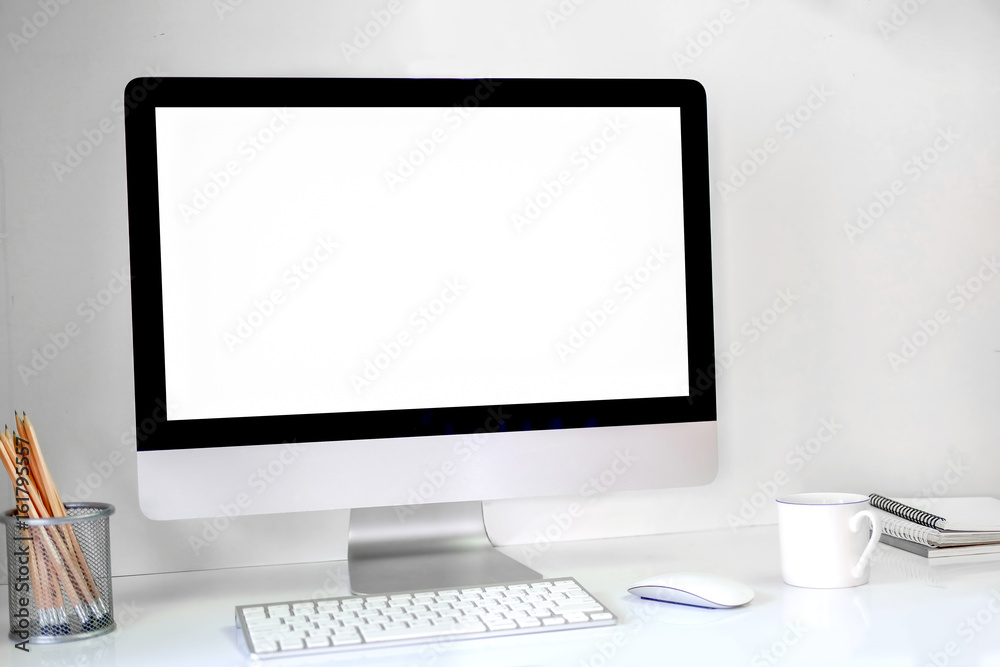 Creative hipster desktop with blank white computer screen, coffee cup and other items on white brick background. Mock up workspace. - obrazy, fototapety, plakaty 