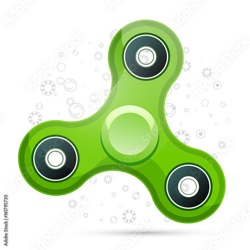 Vector illustration of realistic green fidget spinner with highlights. Creative concept of toy for improvement of attention span on white background with circle elements.