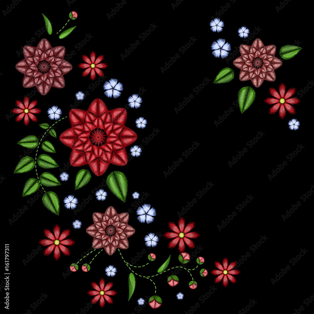 Vector embroidery ethnic flowers neck line flower design graphics fashion wearing