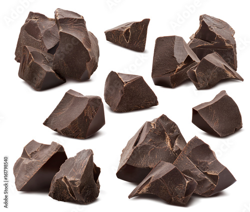 Broken chocolate pieces collection isolated on white