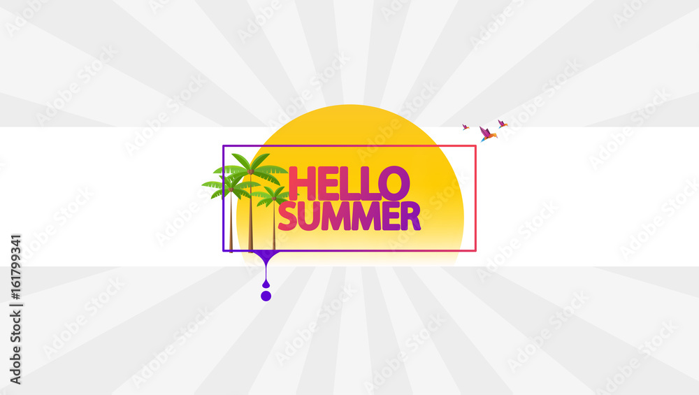 Fototapeta premium Hello Summer Abstract Vector Design with Rising Sun and Other Summer Design Elements