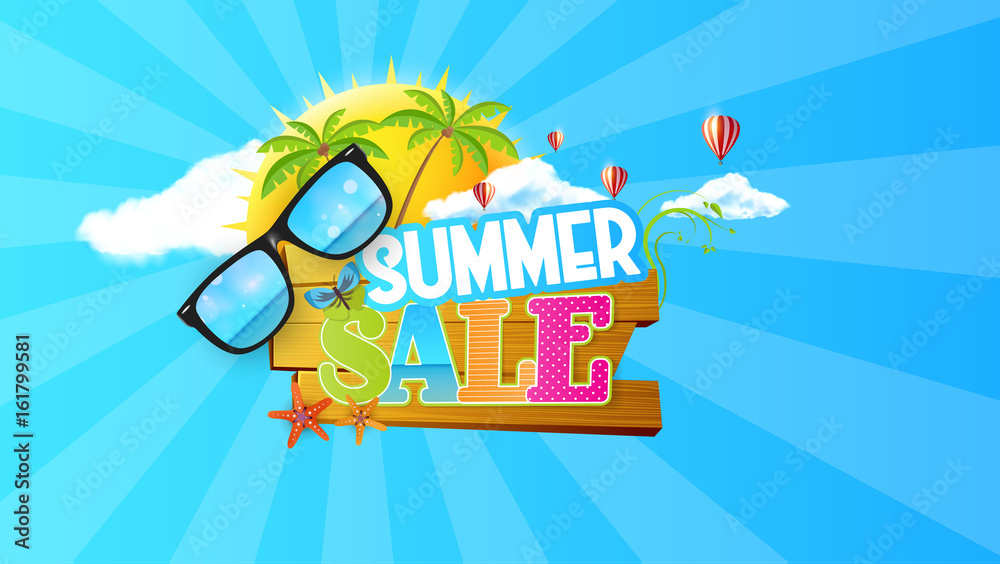 Fototapeta premium Summer Sale Abstract Vector Design on Wooden Board. Eps 10 Illustration.