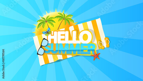 Hello Summer Abstract Vector Design with Rising Sun and Other Beach Thing.