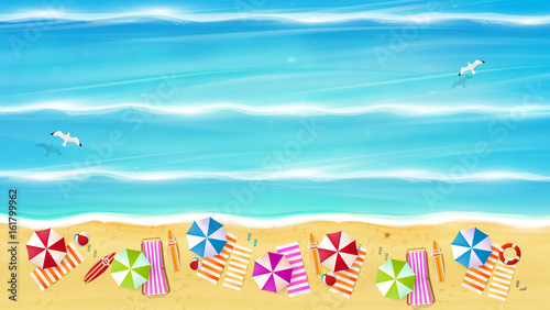 Aerial view of summer beach in photorealistic vector style. 