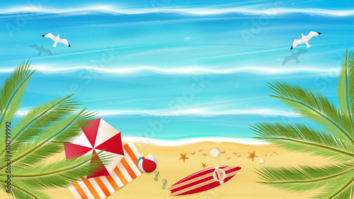 Aerial view of summer beach in photorealistic vector style. 