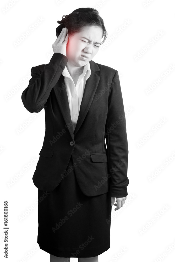 Headache symptom in a businesswoman isolated on white background. Clipping path on white background. Headache symptom in a businesswoman isolated on white background. Clipping path on white background.