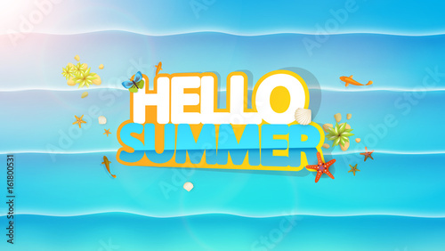 Hello Summer Lettering, Aerial view of Ocean Vector Art.