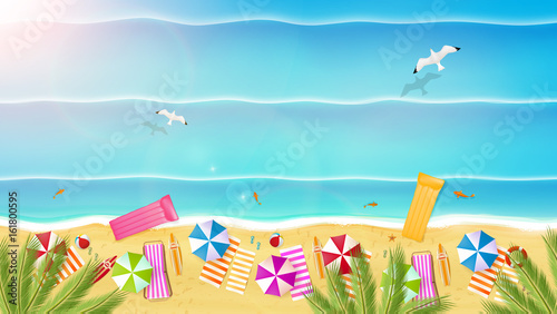 Aerial view of summer beach in photorealistic vector style.