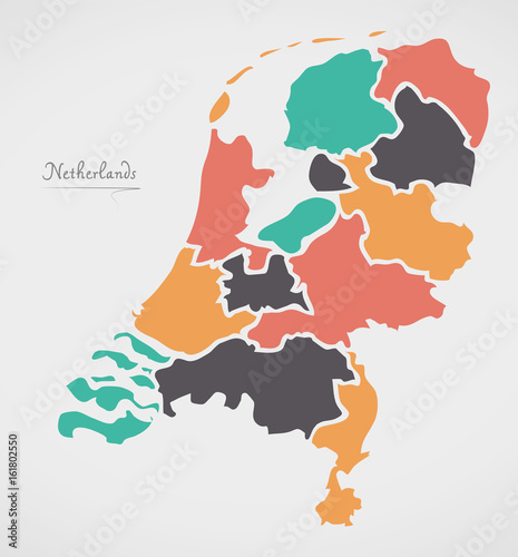 Canvas Print Netherlands Map with states and modern round shapes