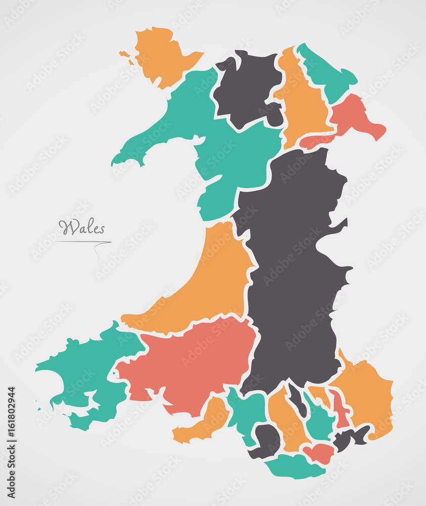 Obraz premium Wales Map with states and modern round shapes
