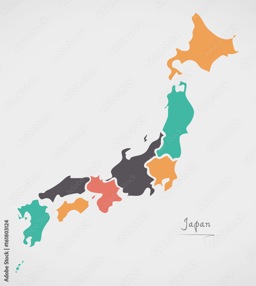 Japan Map with states and modern round shapes