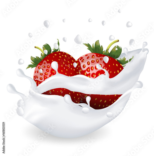 Realistic strawberries in milk splash isolated on white background 