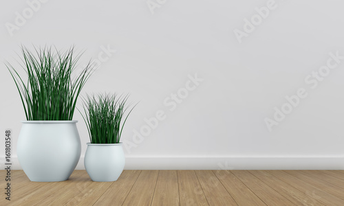 White wall interior with plant vases on bright wood floor. 3d render