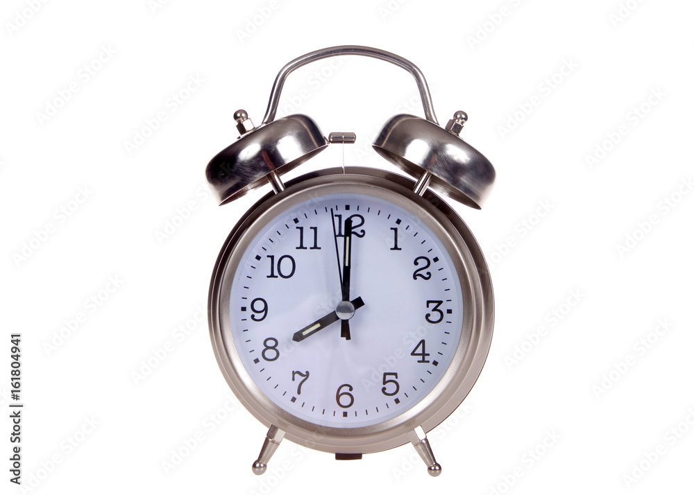 Old fashioned style alarm clock set to 8 o'clock. 8 AM is a common start time for grade school children and work for adults. Eight PM is a common bedtime for kids. Time concept. Isolated on white. Old fashioned style alarm clock set to 8 o'clock. 8 AM is a common start time for grade school children and work for adults. Eight PM is a common bedtime for kids. Time concept. Isolated on white.
