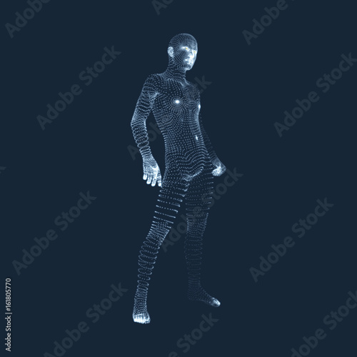 Man Stands on his Feet. 3D Model of Man. Human Body Model. View of Human Body. Vector Graphics Composed of Particles.