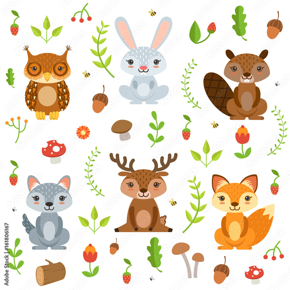 Forest animals in cartoon style. Vector characters set isolate on white