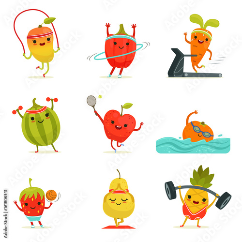 Funny fruits make fitness exercises. Vector cartoon set with diet foods
