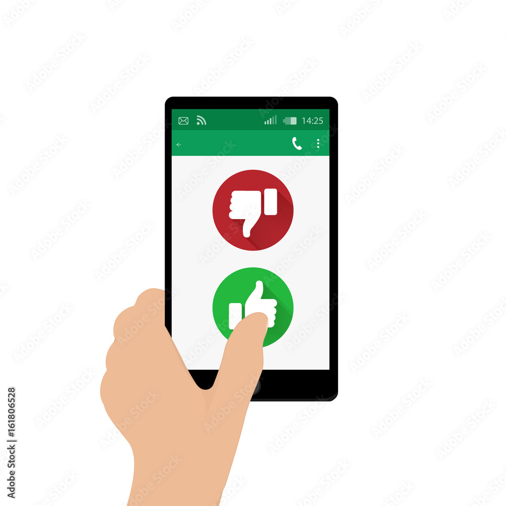 Left hand holding mobile phone and pressing Yes button. Vector illustration. Social network concept. Green and red thumbs up and down buttons. Feedback emoji icon vector illustration. Left hand holding mobile phone and pressing Yes button. Vector illustration. Social network concept. Green and red thumbs up and down buttons. Feedback emoji icon vector illustration.