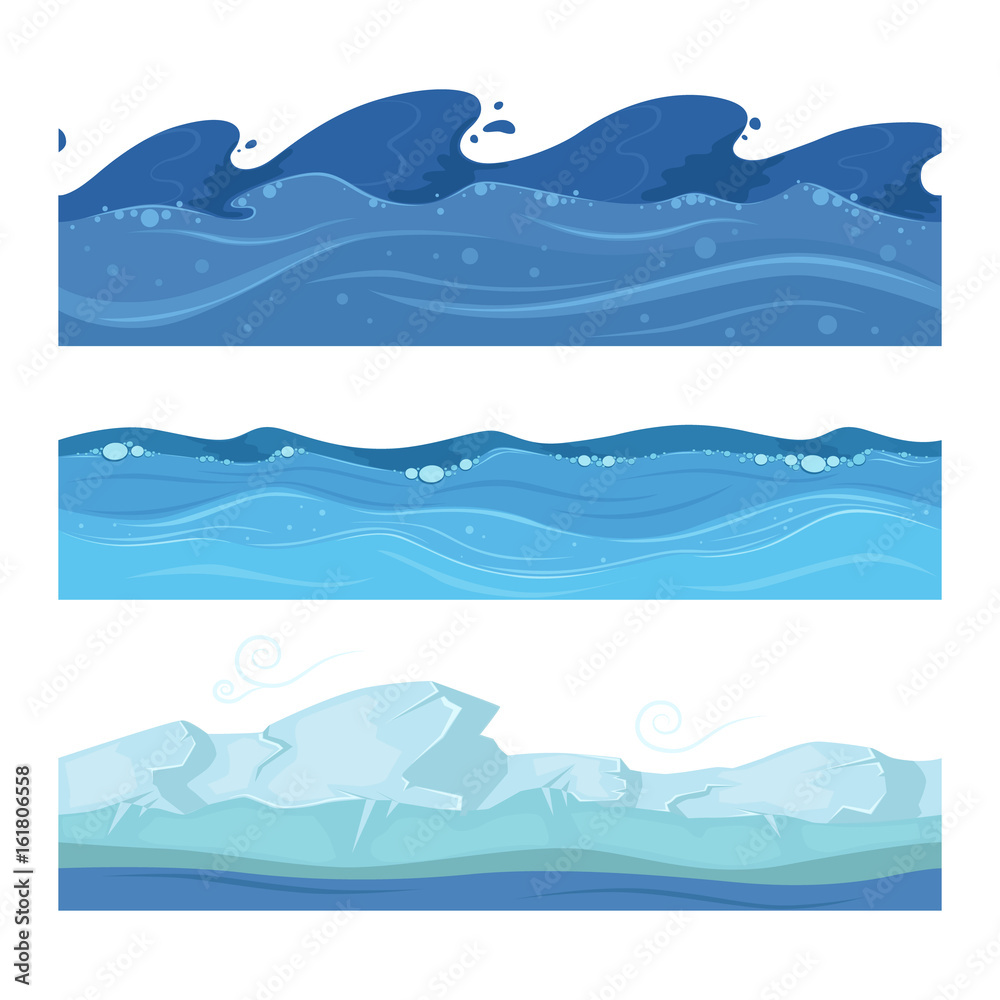 Ocean or sea water waves. Vector set of horisontal seamless patterns for ui games