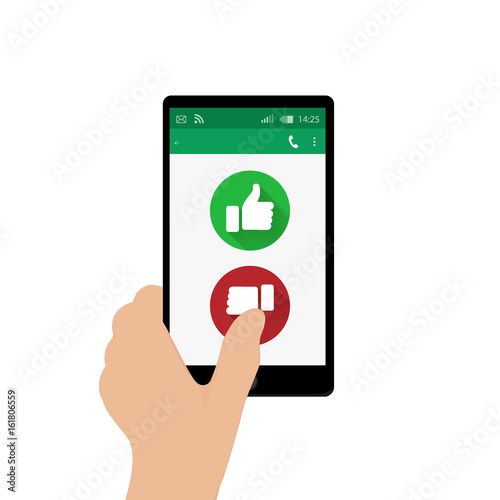 Left hand holding mobile phone and pressing No button. Vector illustration. App window. Green and red thumbs up and down buttons. Feedback emoji icon vector illustration.