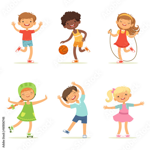 Kids playing in active games. Vector illustrations of funny children at playground