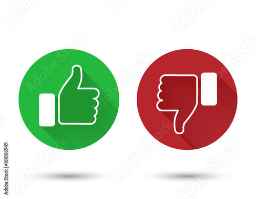Illustration of red and green thumbs up and down buttons; isolated on white background.