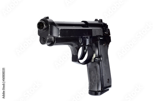 Used black metal 9mm pistol gun on white background