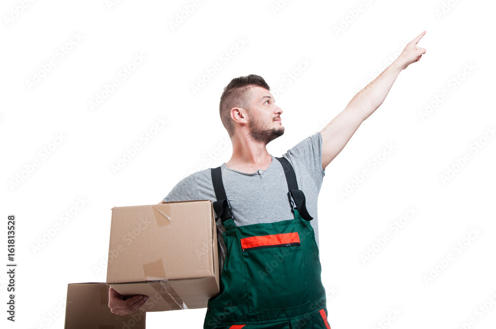 Low angle mover guy holding cardboard box pointing up Low angle mover guy holding cardboard box pointing up