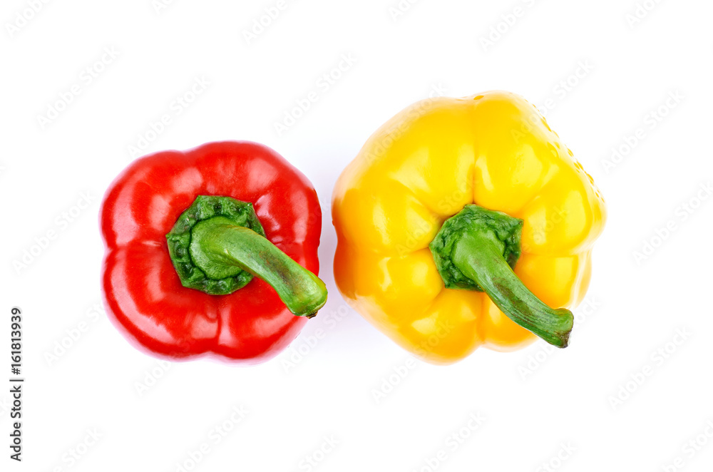 Sweet red and yellow pepper or paprika isolated on white background. Top view. Sweet red and yellow pepper or paprika isolated on white background. Top view.