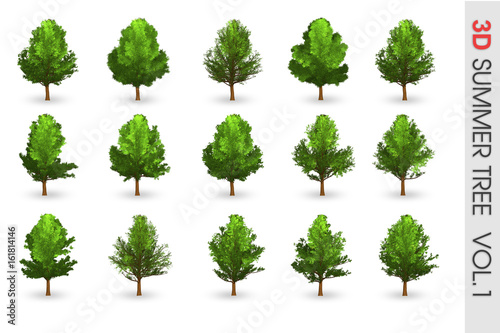 3D Summer set Tree collection object isolated on white volume 1
