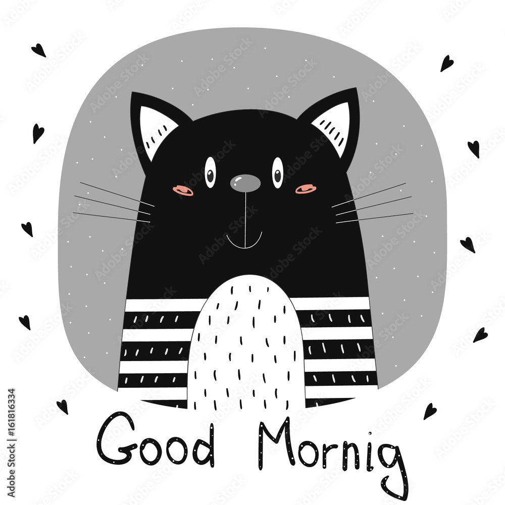 Good morning card. Hand Drawn cute Funny Cartoon vector cat print Stock  Vector | Adobe Stock