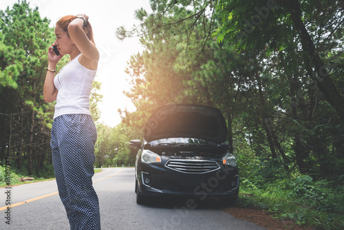 Cuadro en lienzo Women The car was broken on the highway
