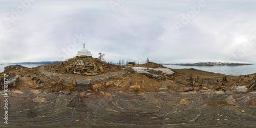 spherical Panorama 360 degrees 180 Buddhist stupa of enlightenment Ogoy on an island in Lake Baikal. vr content