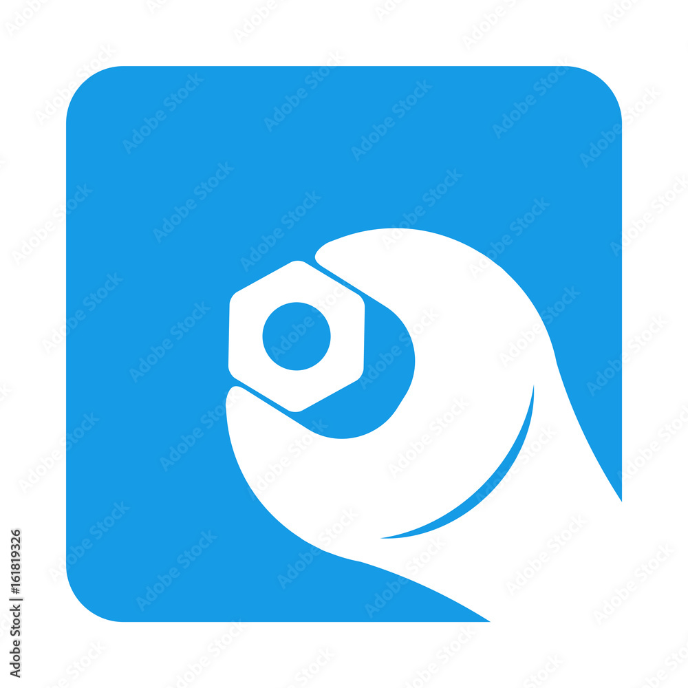Icono plano llave con tuerca en cuadrado azul Icono plano llave con tuerca en cuadrado azul