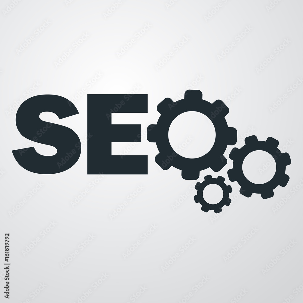 Icono plano texto SEO con engranajes en fondo degradado Icono plano texto SEO con engranajes en fondo degradado