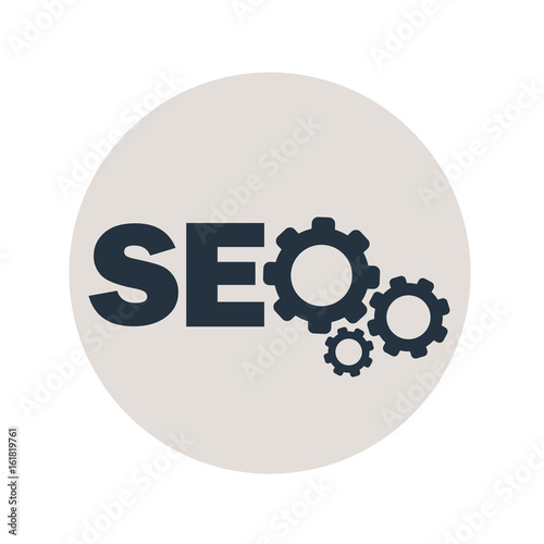 Icono plano texto SEO con engranajes en circulo gris