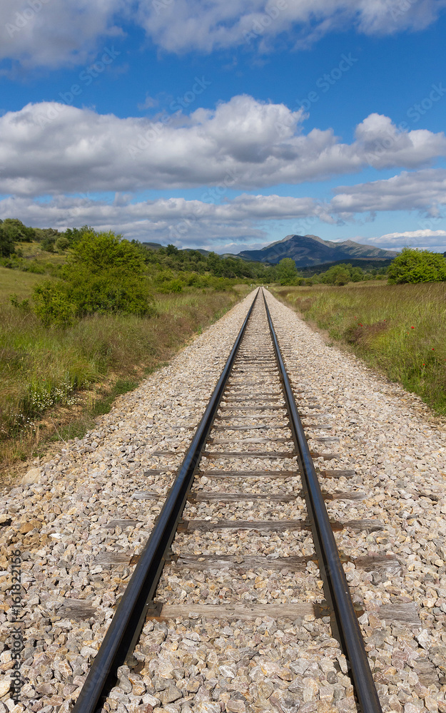 Via de Tren de via estrecha en Recta, en Paisaje Montañoso Via de Tren de via estrecha en Recta, en Paisaje Montañoso