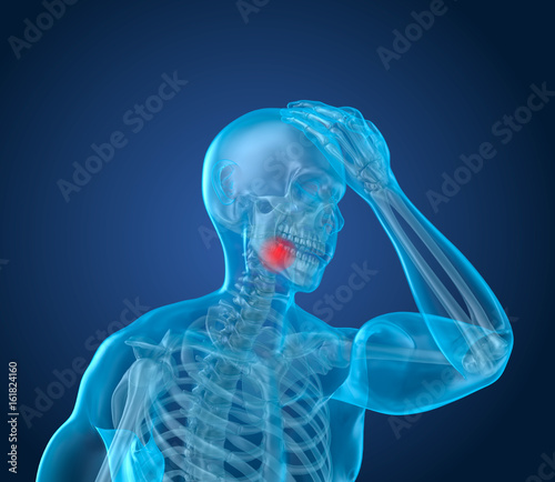 Teeth pain Attack, man suffering from teeth pain. 3D illustration